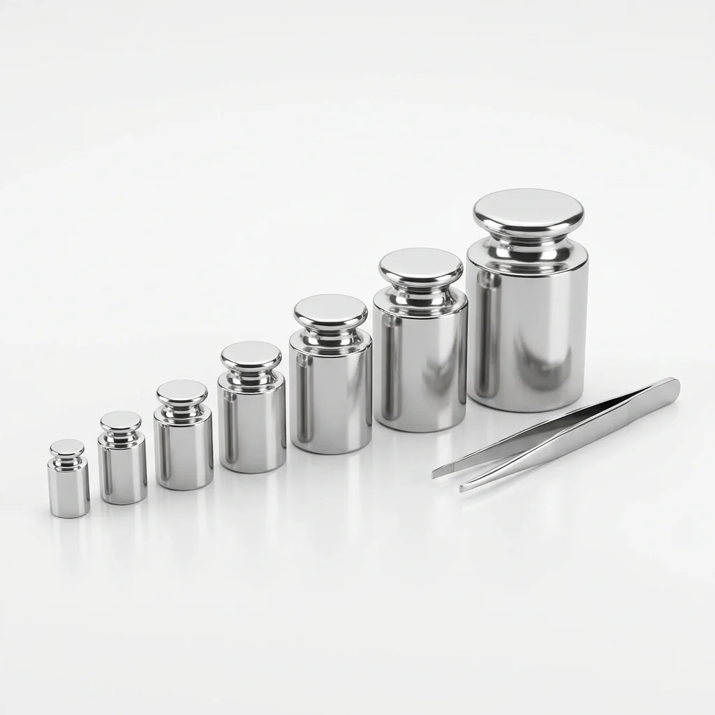 Set of polished stainless steel OIML calibration weights with tweezers